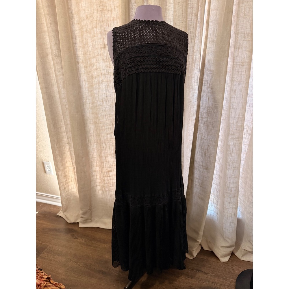 Anthropologie Black Crochet Lace  Tiered Maxi Dress Womens 16 Sleeveless